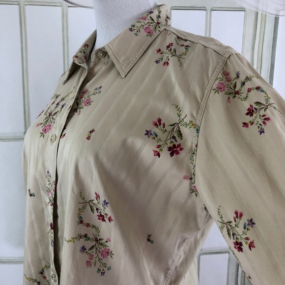 Button Down Tan Pink Floral Long Sleeve Career Top - Picture 7 of 8